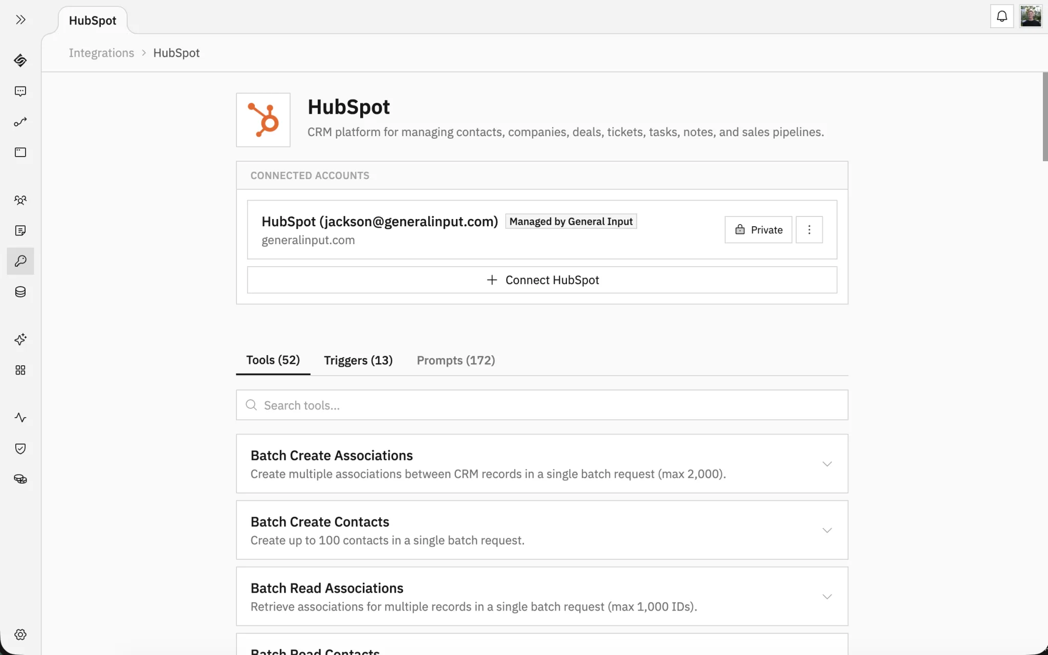 The HubSpot integration page with available tools and triggers